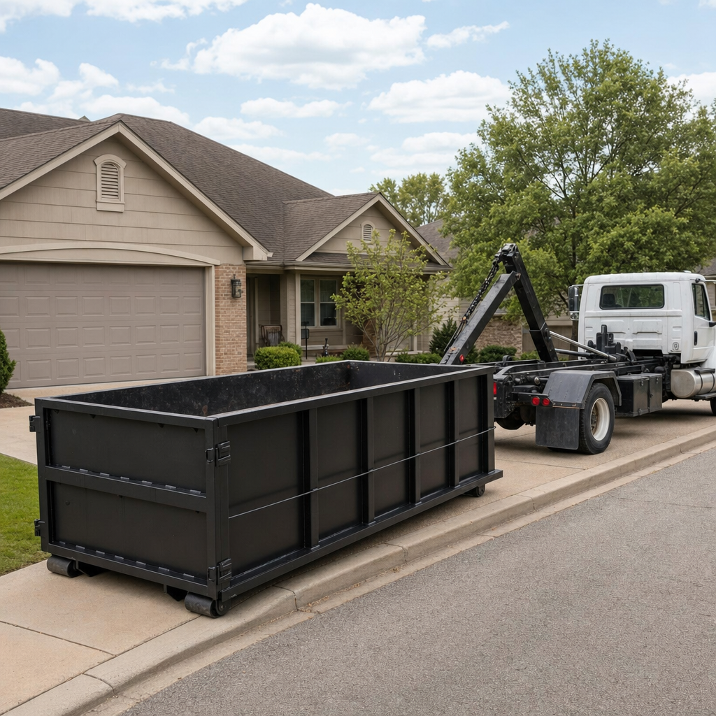 Wide documentary shot of a matte-black roll-off dumpster on a Costa Mesa residential driveway in the foreground and a contractor jobsite container in the soft-focus background, bright daylight, calm and orderly composition.
