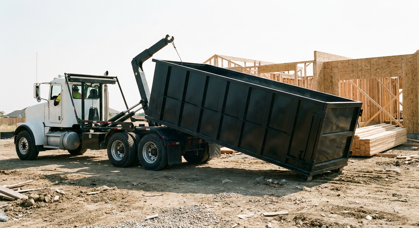 Matte-black roll-off dumpster being delivered onto a clean residential concrete driveway in Costa Mesa by an unmarked white hooklift hauler truck, bright morning daylight, documentary 35mm perspective.